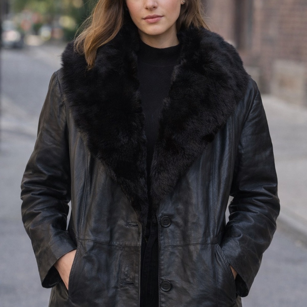 Vintage Wilsons Leather Women's Black Jacket with Fur Collar